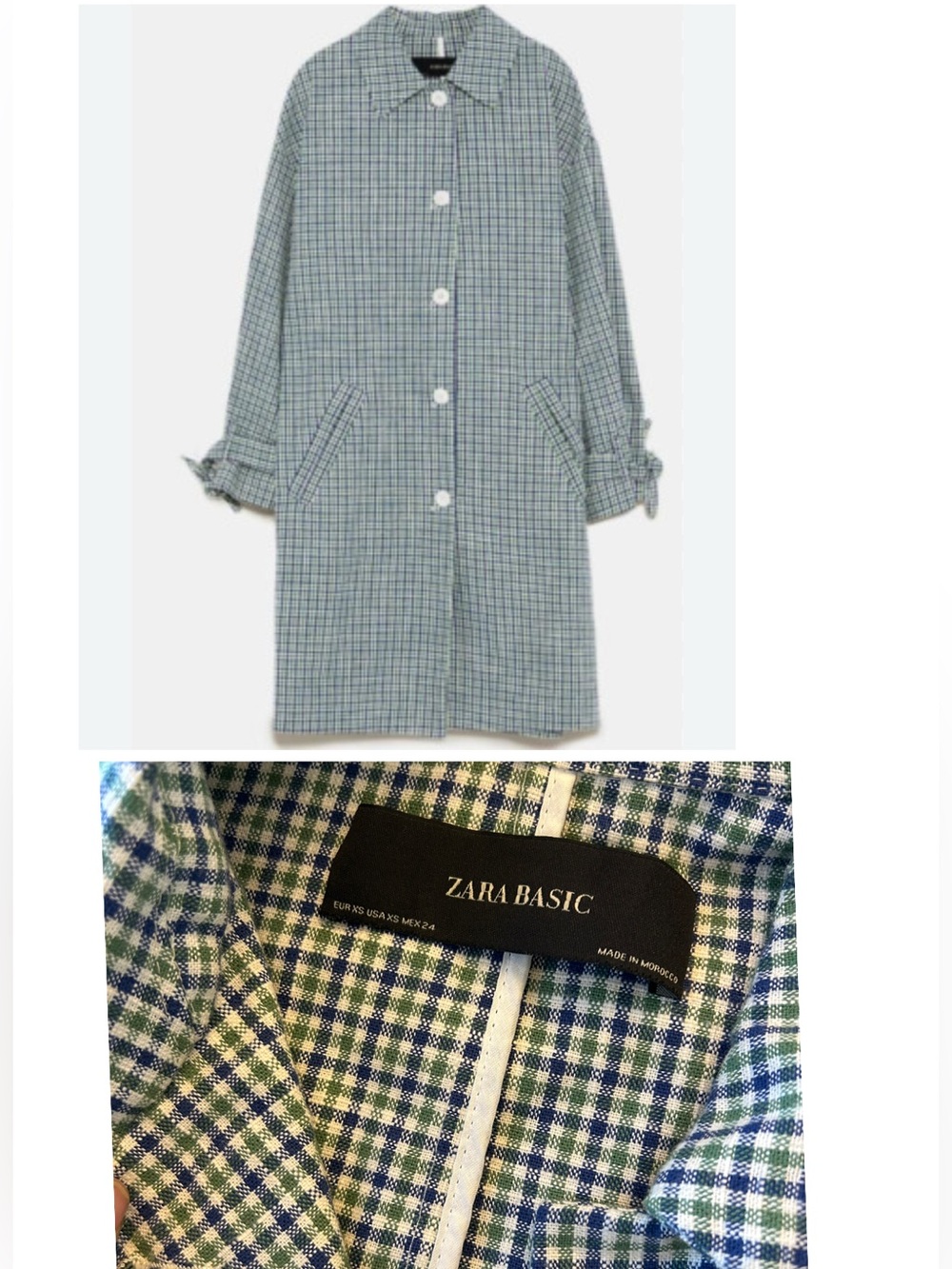 Zara Green Blue Plaid Coat Jacket With Bow Sleeves Oversized XS